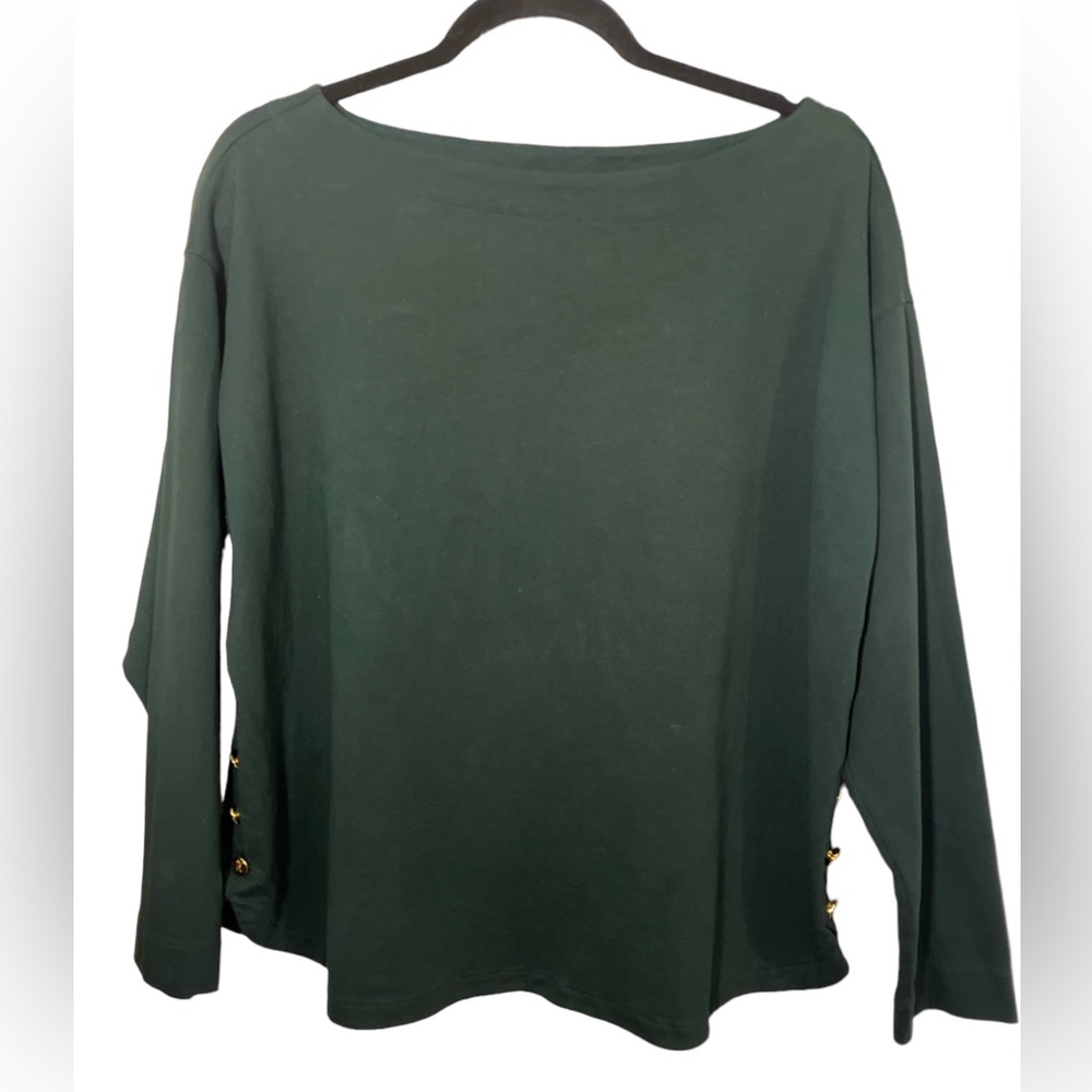 Ralph Lauren Dark Green Boatneck Long-Sleeve Top with Side Buttons - Picture 2 of 8
